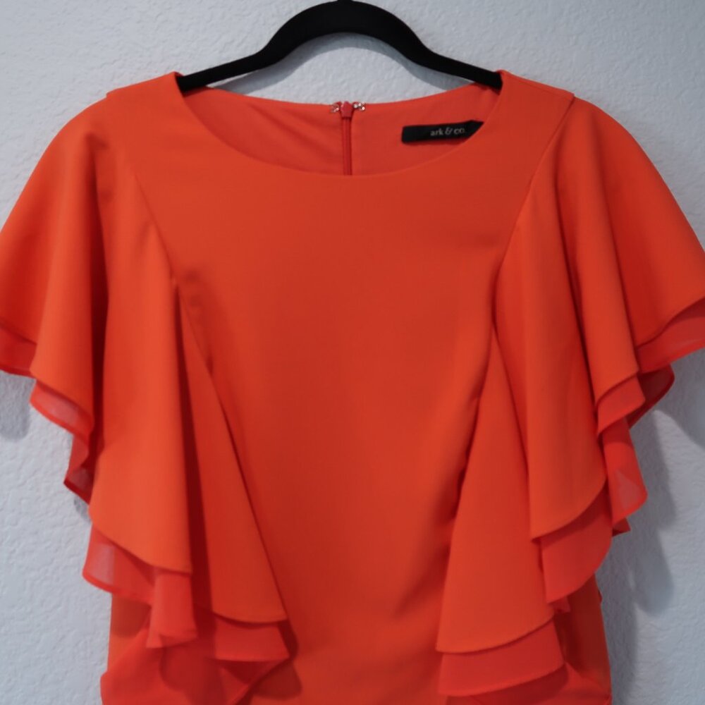 Ark & Co Dress Womens S Midi Flutter Sleeves Shift Cocktail Wedding Party Orange - Picture 4 of 14